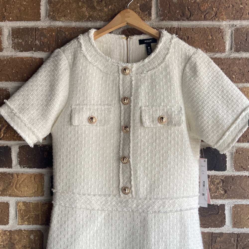New AQUA
Tweed Short Sleeve Mini Dress Cream Tweed Dress with Gold Buttons - Picture 13 of 16